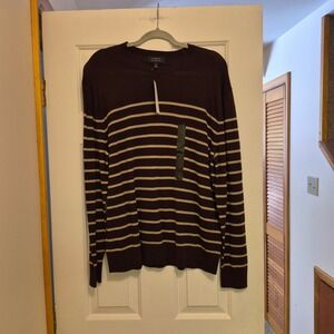 Banana Republic Mens Merino Wool Striped Crewneck Sweater Size L Brown